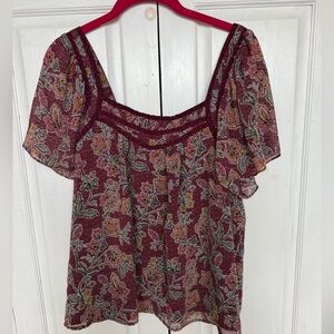 LOFT Burgundy Floral Blouse